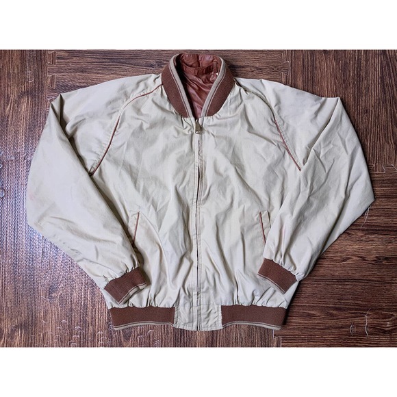 Vintage 70s Inspired MOD Blank Bomber Jacket L Brown Beige Trim Made In Japan - Picture 1 of 9